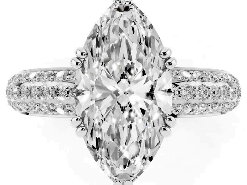 Marquise Three Row Pave Solitaire Engagement Ring Setting | Double Claw Prongs | Sterling Silver