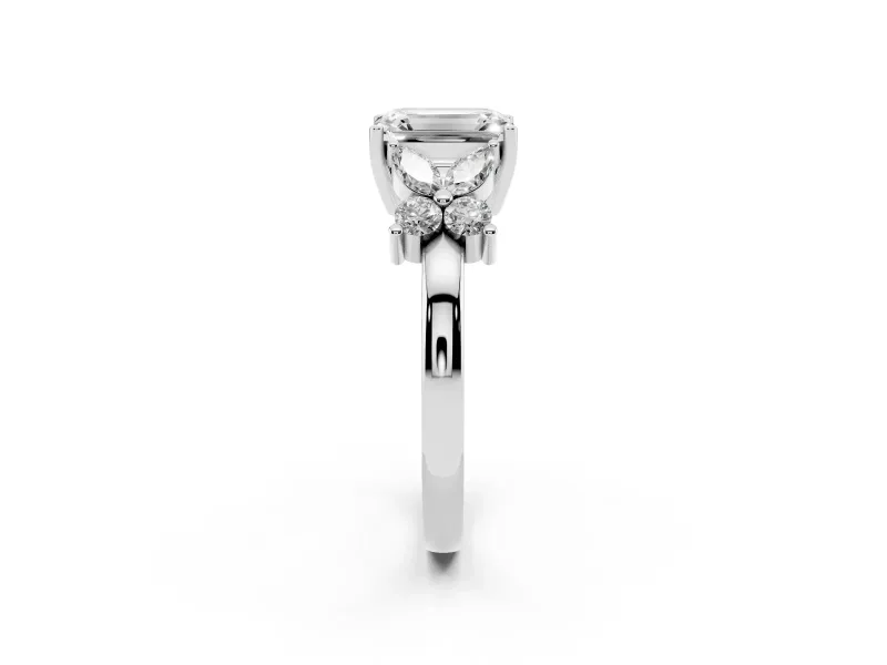 Emerald Cut Diamond Floral Cluster Ring Set in White gold with Marquise Petals and Prong Setting