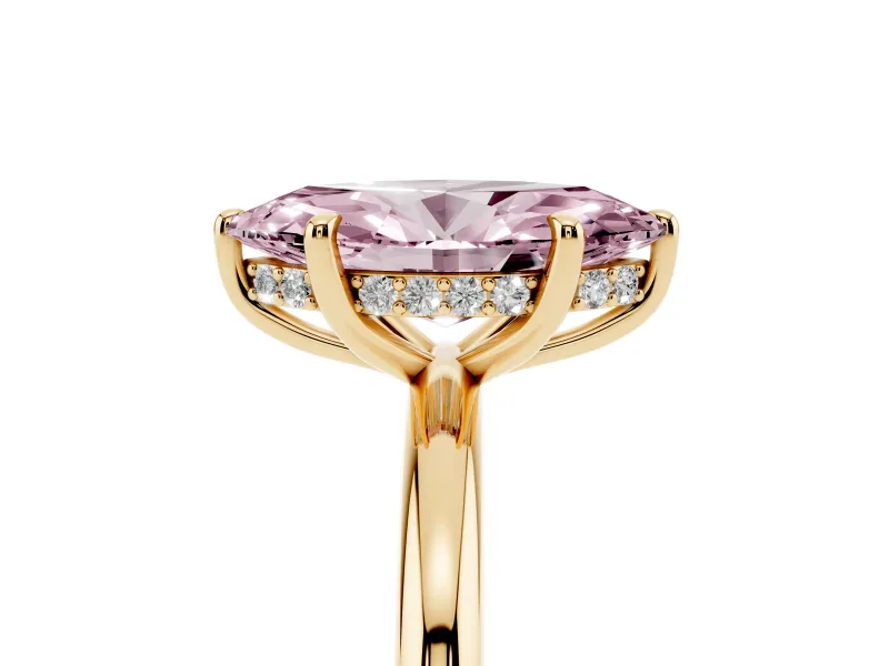 Fancy Pink Marquise Cut Diamond Solitaire Ring Set in Yellow gold with Thin Band and Prong Setting