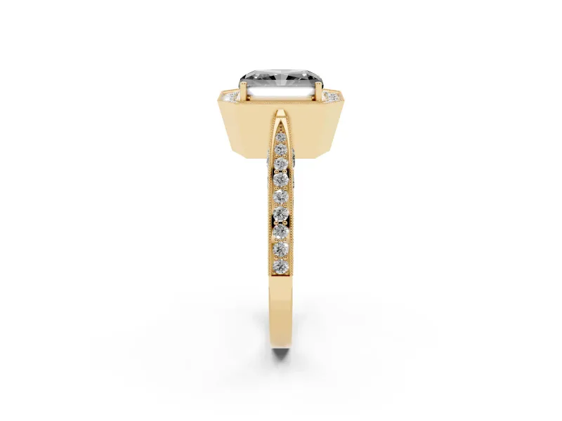 Radiant Cut Milgrain Halo Engagement Ring Setting for a Black Center | Side Stones | Yellow Gold