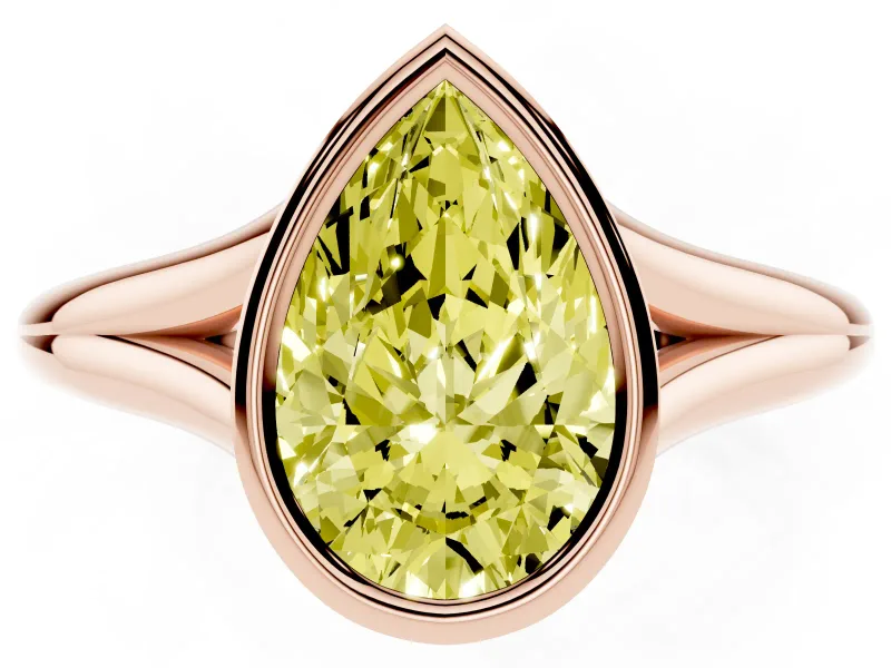 Fancy Yellow Bezel Set Pear Cut Diamond Solitaire Ring Set in Rose gold with Tapered Band