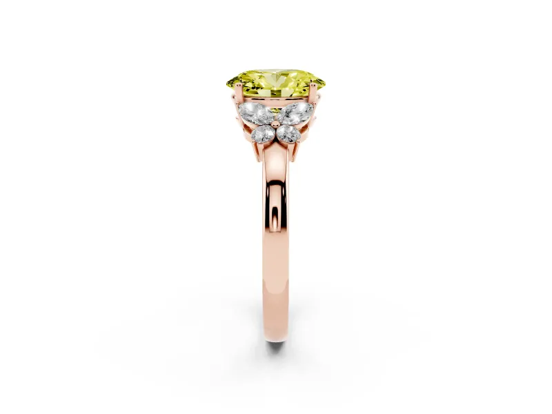 Fancy Yellow Oval Cut Diamond Solitaire Floral Ring Set in Rose gold with Marquise Petals and Prong Setting