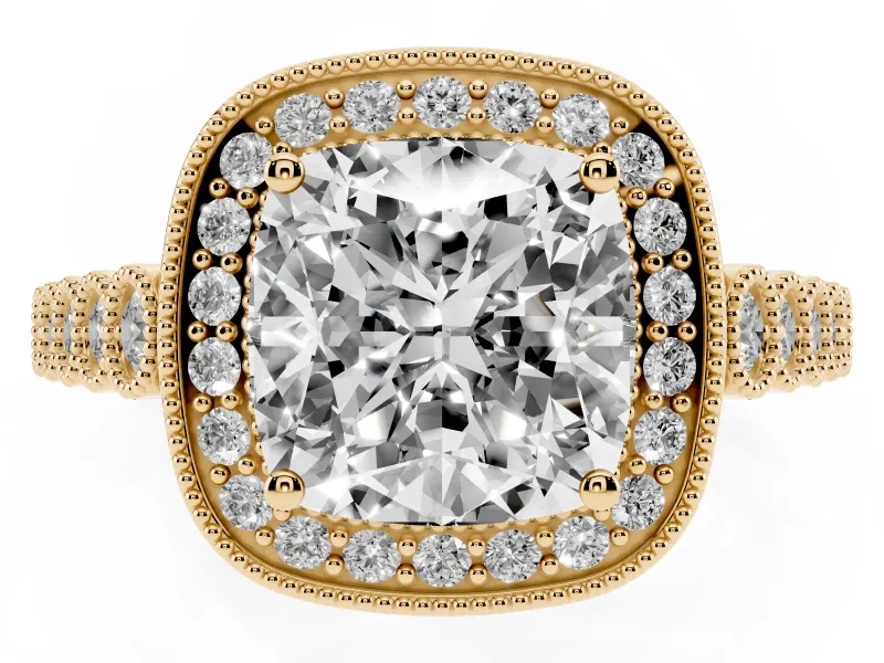 Cushion Cut Milgrain Halo Engagement Ring Setting | Graduated Bezel Accents | Yellow Gold