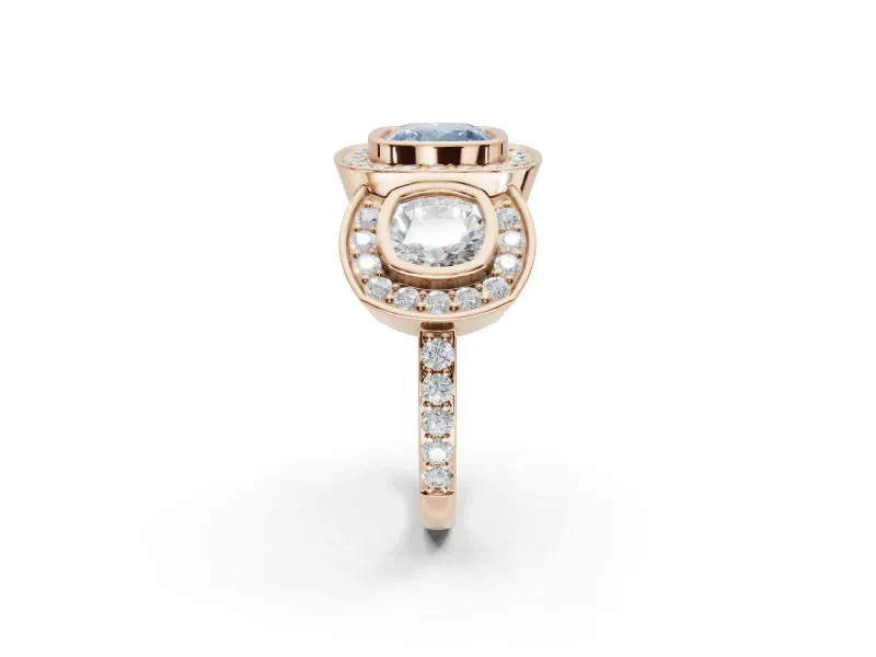 Cushion Cut Three Stone Halo Engagement Ring Setting for a Fancy Blue Lab-Grown Diamond | Rose Gold