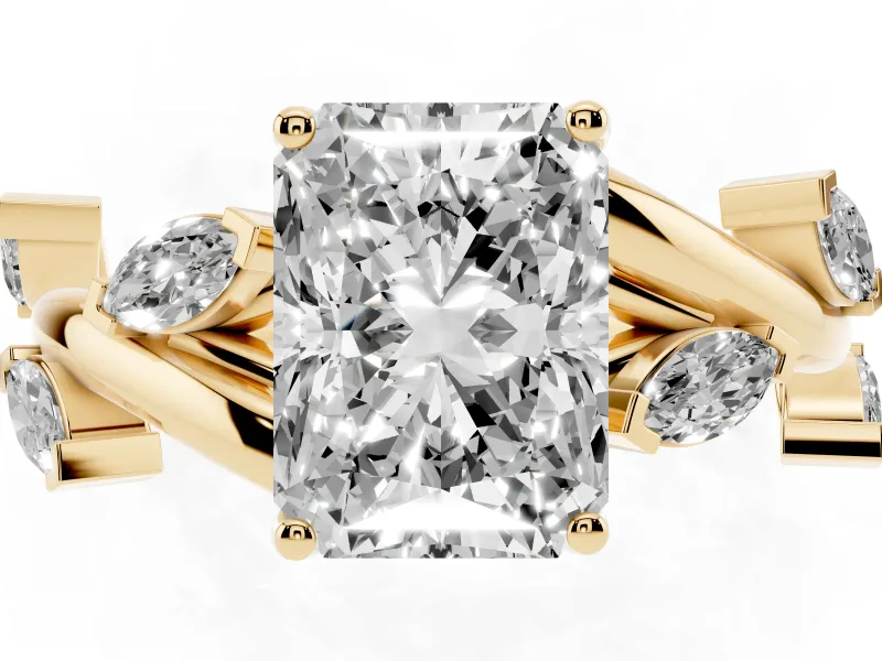 Radiant Cut Twisted Vine Engagement Ring Setting | Marquise Side Stones | Yellow Gold
