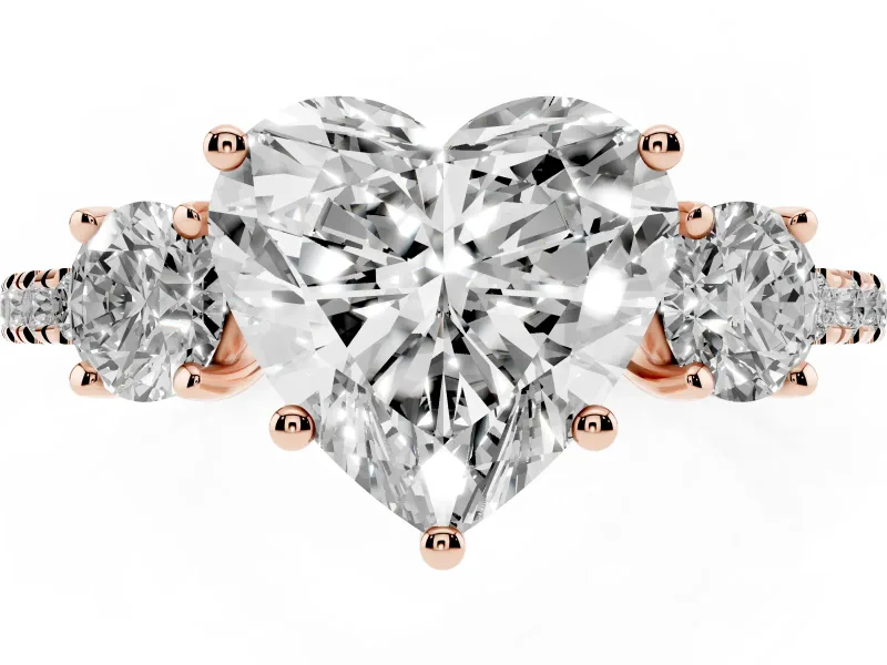 Heart-Shaped Three Stone Engagement Ring Setting | Pave Shoulders | Rose Gold