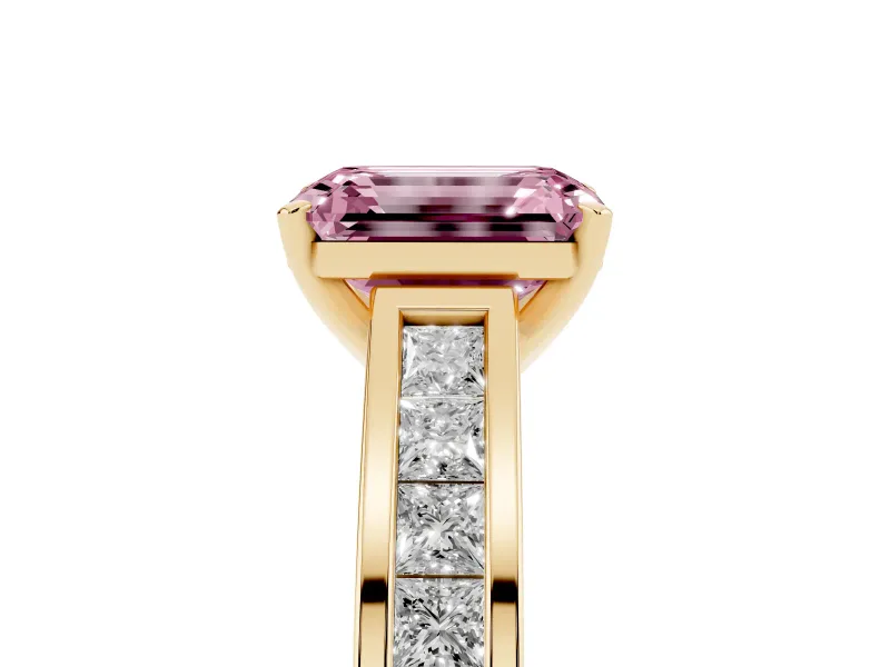 Emerald Cut Channel Engagement Ring Setting for a Fancy Pink Lab-Grown Diamond | Yellow Gold