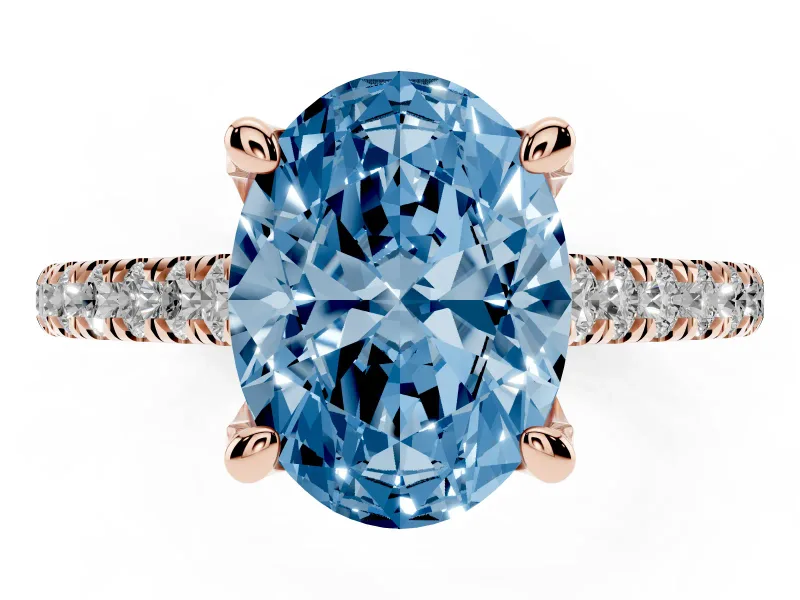 Oval Hidden Halo Pave Engagement Ring Setting for a Fancy Blue Lab-Grown Diamond | Claw Prongs | Rose Gold