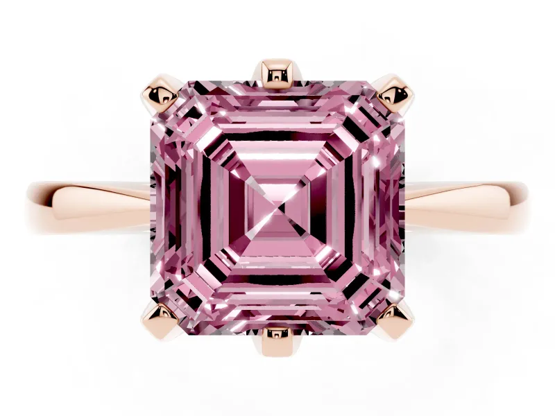 Fancy Pink Asscher Cut Diamond Solitaire Engagement Ring Set in Rose gold with Slim Tapered Solitaire Band