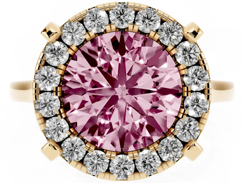 Round Halo Engagement Ring Setting for a Fancy Pink Lab-Grown Diamond | Claw Corners | Yellow Gold