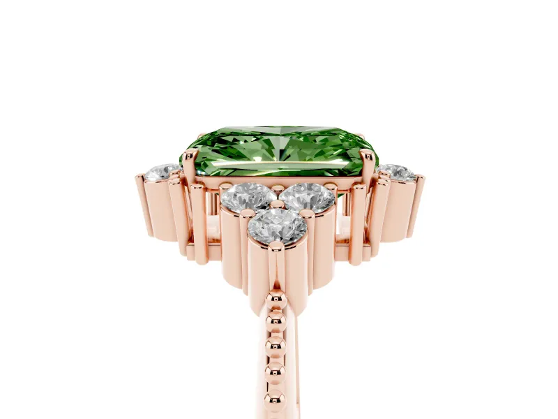 Fancy Green Radiant Cut Diamond Cluster Ring Set in Rose gold with Beaded Band