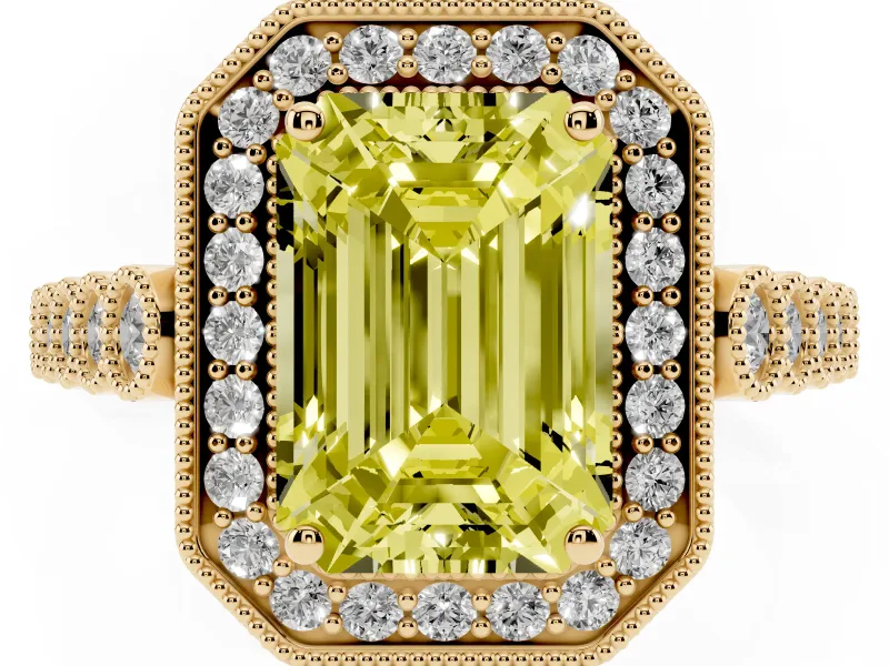 Emerald Cut Graduated Milgrain Halo Engagement Ring Setting for a Fancy Yellow Lab-Grown Diamond | Yellow Gold
