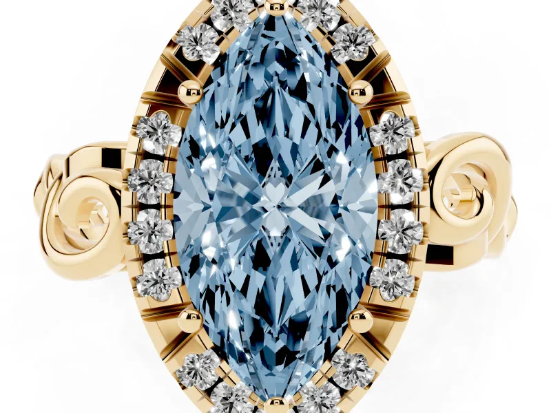 Fancy Blue Marquise Cut Diamond Halo Ring Set in Yellow gold with Scrollwork Band and Prong Setting