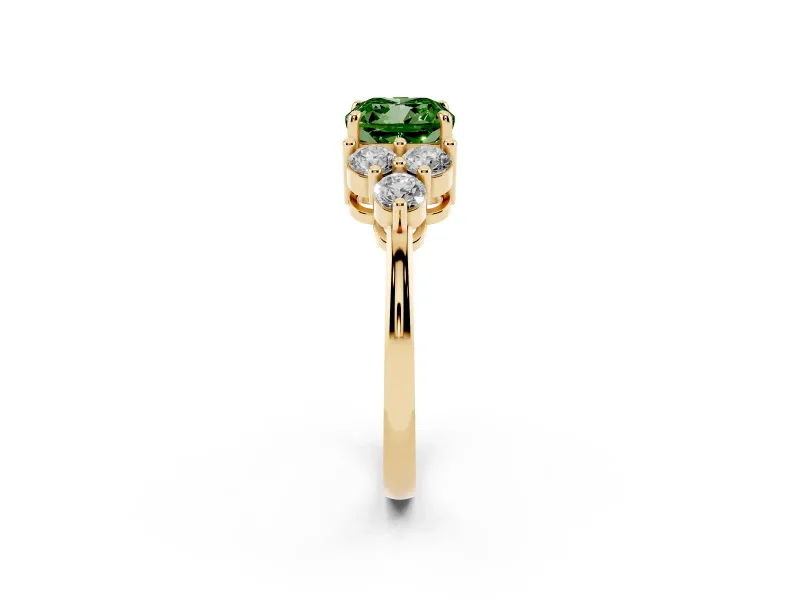 Fancy Green Cushion Cut Diamond Solitaire Ring Set in Yellow gold with Cluster Accents on Each Side