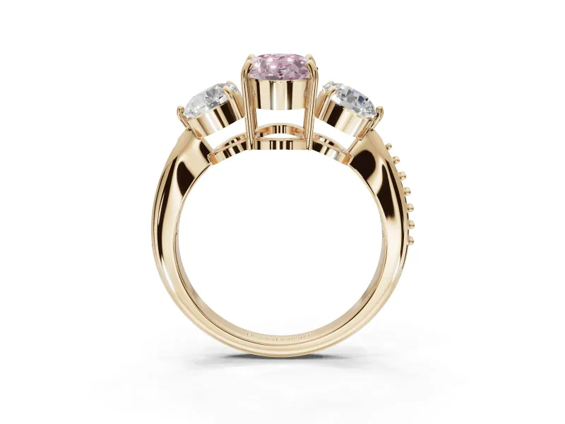 Oval Three Stone Engagement Ring Setting for a Fancy Pink Lab-Grown Diamond | Tapered Pave Band | Yellow Gold