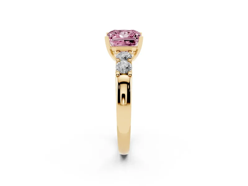 Fancy Pink Princess Cut Diamond Five-Stone Prong Set Engagement Ring Set in Yellow gold with Channel Band