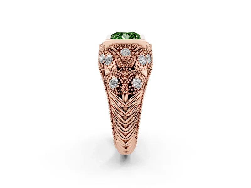 Fancy Green Princess Cut Diamond Bezel Ring Set in Rose gold with Milgrain Accent Band