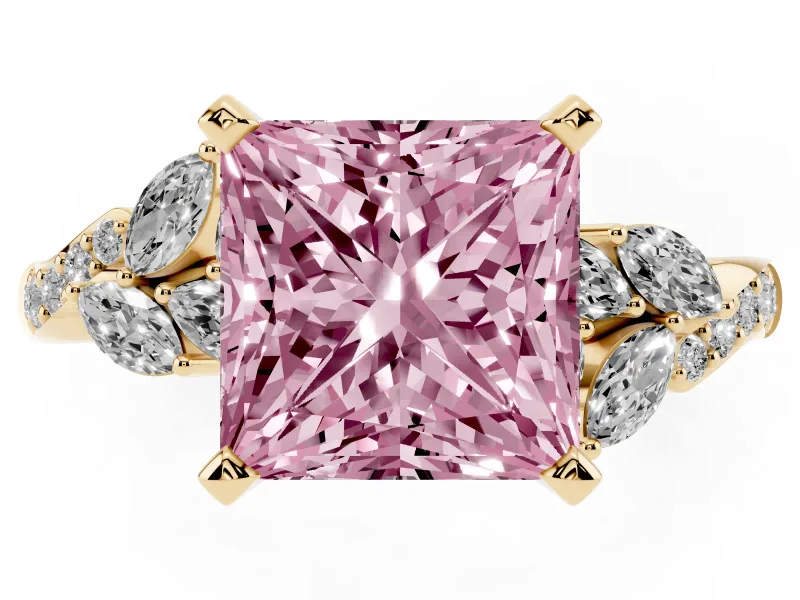 Fancy Pink Princess Cut Diamond Solitaire Ring Set in Yellow gold with Marquise Twist Band and Prong Setting