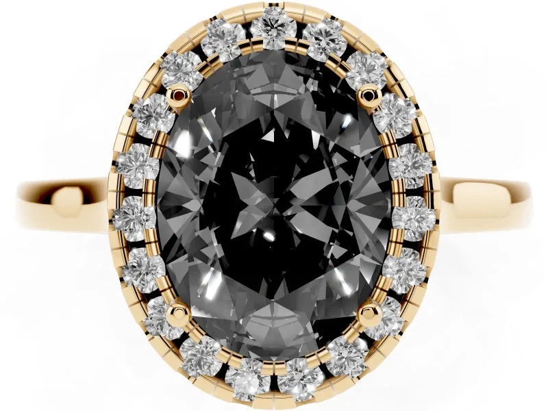 Fancy Black Oval Cut Halo Round Diamond Solitaire Ring Set in Yellow gold with Pavé Band and Prong Setting