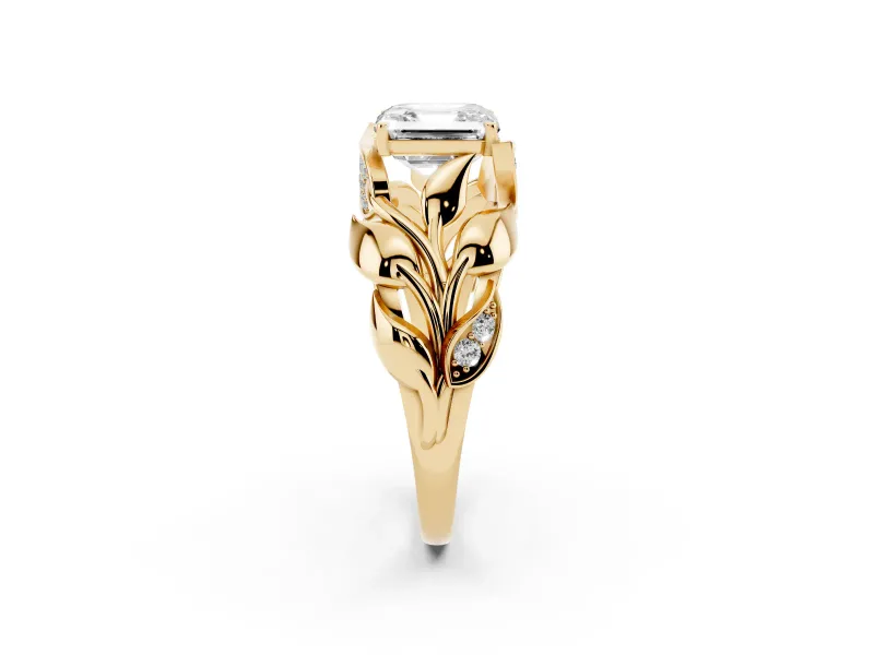 Asscher Cut Leaf Bypass Engagement Ring Setting | Pave Leaf Accents | Yellow Gold