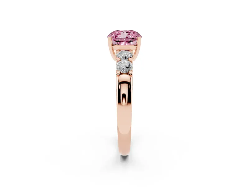 Fancy Pink Cushion Cut Diamond Five-Stone Prong Set Engagement Ring Set in Rose gold with Channel Band