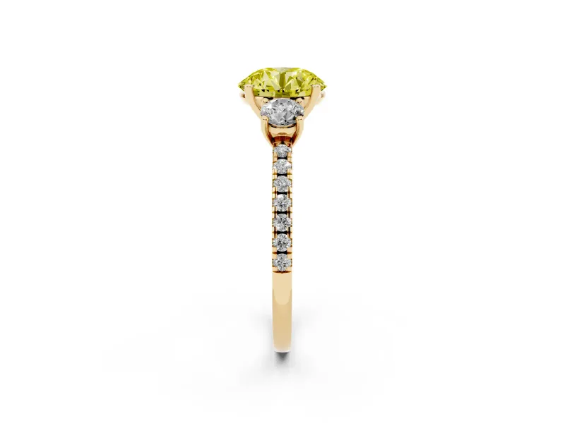 Fancy Yellow Round Cut Diamond Three-Stone Ring Set in Yellow gold with Pavé Band and Graduated Sides