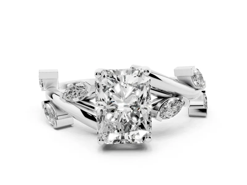 Radiant Cut Diamond Solitaire Ring Set in Silver with Twisted Marquise Accent Band