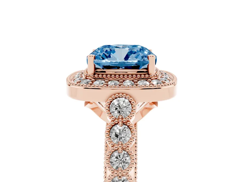 Cushion Cut Graduated Milgrain Halo Engagement Ring Setting for a Fancy Blue Lab-Grown Diamond | Rose Gold