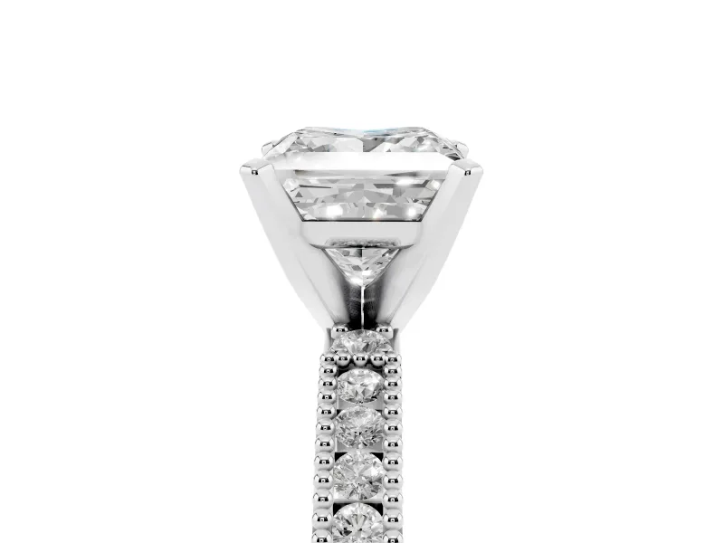 Princess Cut Diamond Solitaire Ring Set in Platinum with Slim Pavé Band and Prong Setting