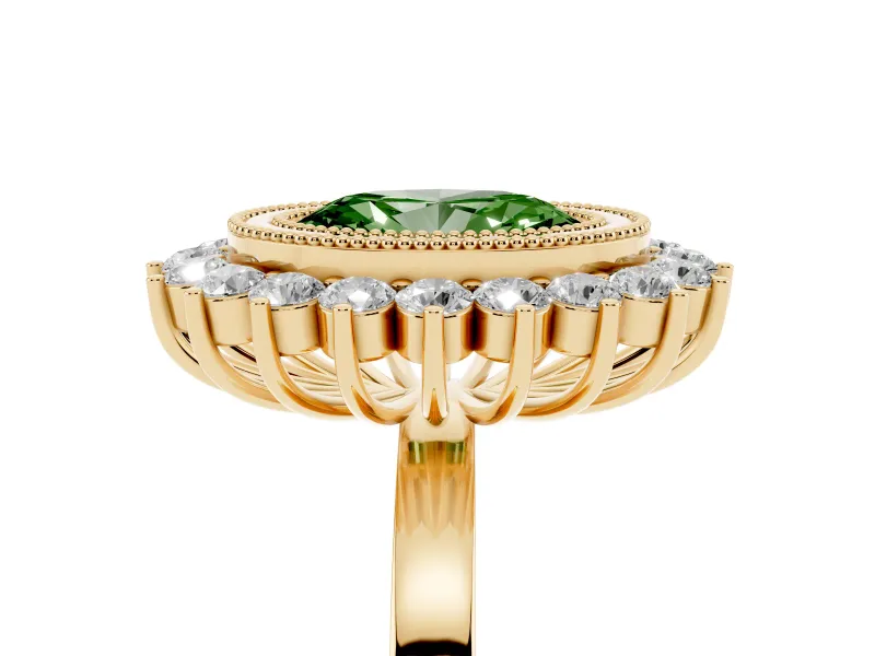 Fancy Green Oval Cut Diamond Halo Ring Set in Yellow gold with Milgrain Edge and Round Prong Setting