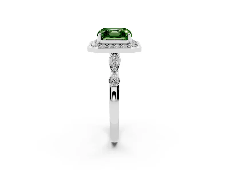 Asscher Cut Halo Engagement Ring Setting for a Fancy Green Lab-Grown Diamond | Bezel Station Shoulders | Platinum