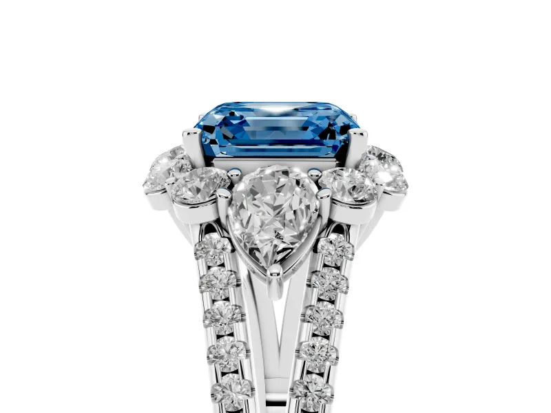 Asscher Cut Scalloped Halo Engagement Ring Setting for a Fancy Blue Lab-Grown Diamond | Pear Side Stones | White Gold