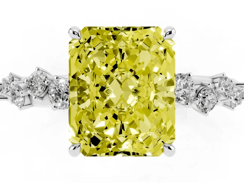 Fancy Yellow Radiant Cut Diamond Cluster Solitaire Ring Set in Silver with Prong Setting