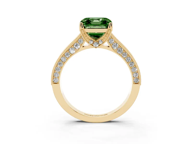 Asscher Cut Hidden Halo Engagement Ring Setting for a Fancy Green Lab-Grown Diamond | Milgrain Pave | Yellow Gold