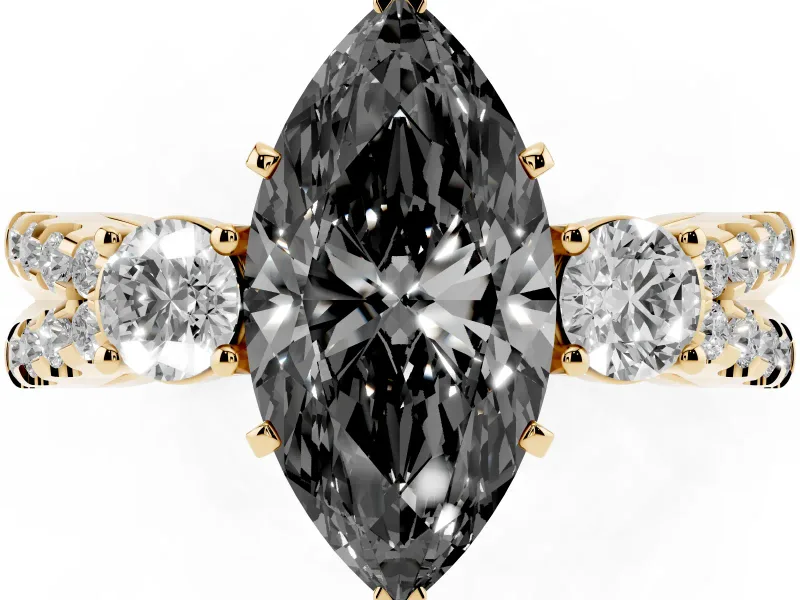 Fancy Black Marquise Cut Diamond Three-Stone Ring Set in Yellow gold with Pavé Split Shank and Prong Setting