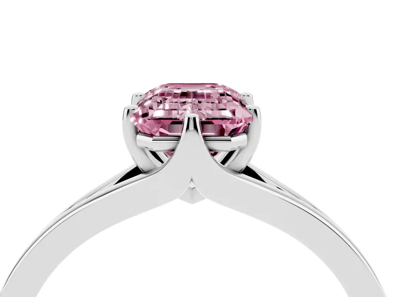Fancy Pink Emerald Cut Diamond Solitaire Ring Set in Platinum with Polished Tapered Band and Prong Setting