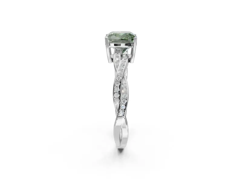 Cushion Cut Twisted Pavé Solitaire Engagement Ring Setting for a Fancy Green Lab-Grown Diamond | Open Basket | Platinum