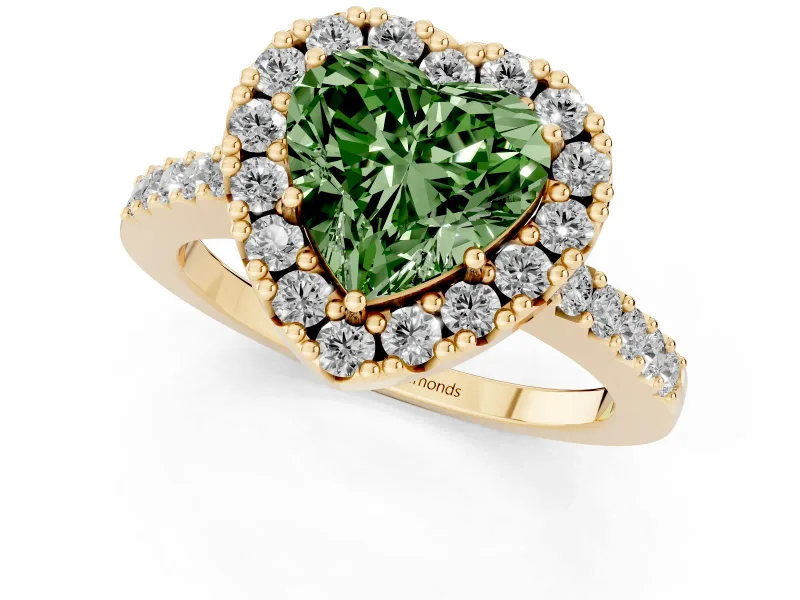 Fancy Green Heart Cut Diamond Halo Pavé Solitaire Ring Set in Yellow gold with Prong-Set Center Stone