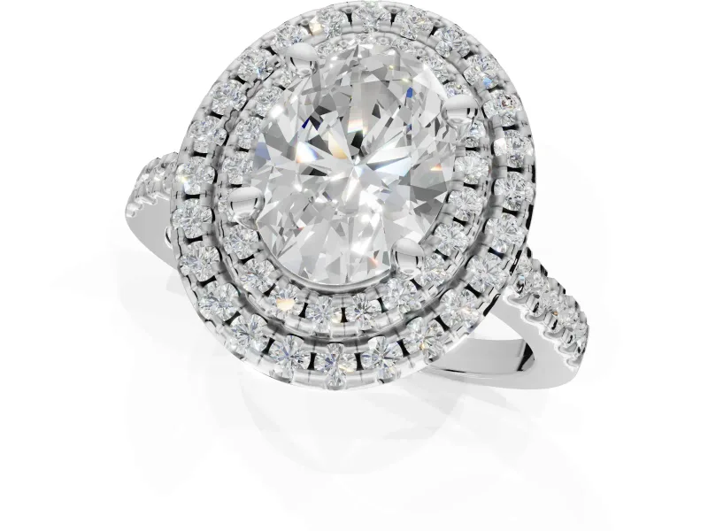 Oval Lab-Grown Diamond Double Halo Statement Ring Set in Sterling Silver with Pavé Band
