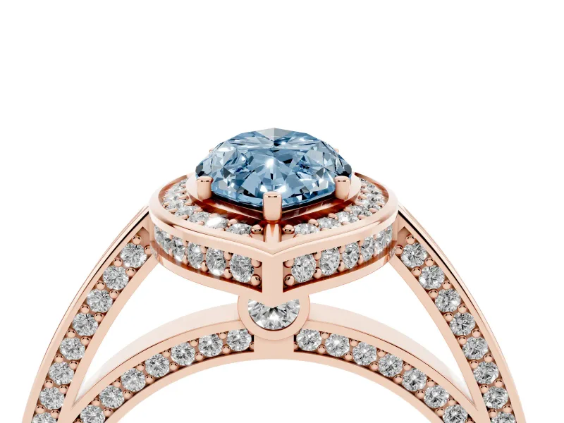 Fancy Blue Marquise Cut Diamond Halo Pavé Split Shank Ring Set in Rose gold with Prong Setting