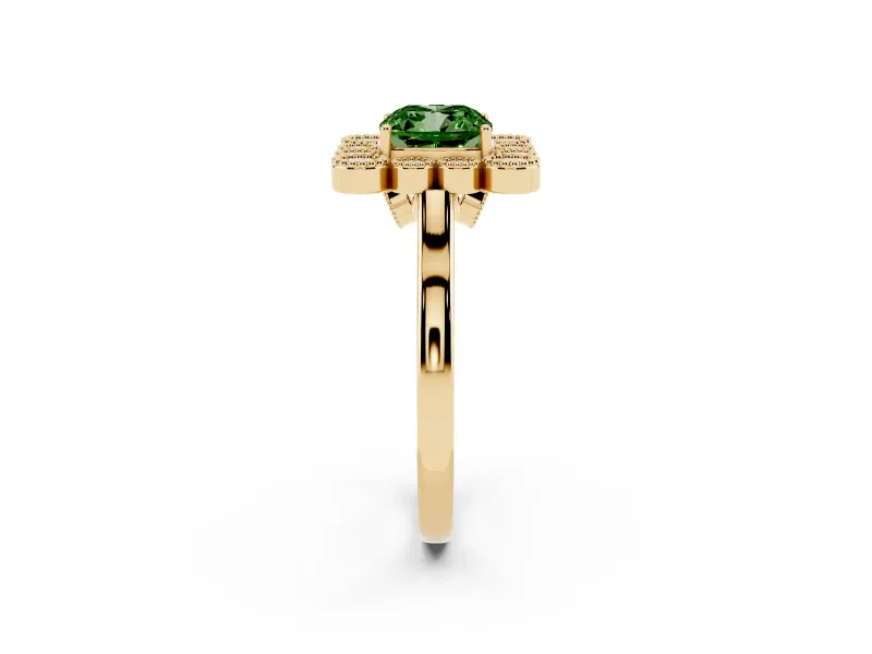 Cushion Cut Milgrain Cluster Halo Engagement Ring Setting for a Fancy Green Lab-Grown Diamond | Plain Band | Yellow Gold