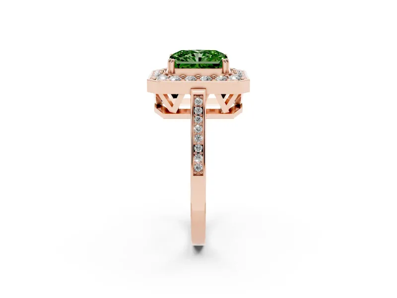 Radiant Cut Halo Engagement Ring Setting for a Fancy Green Lab-Grown Diamond | Polished Halo Rim | Rose Gold