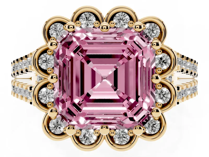 Asscher Cut Floral Halo Engagement Ring Setting for a Fancy Pink Lab-Grown Diamond | Pavé Split Shank | Yellow Gold