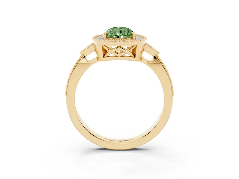 Pear-Shaped Milgrain Halo Engagement Ring Setting for a Fancy Green Lab-Grown Diamond | Graduated Pavé | Yellow Gold