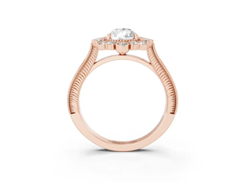 Pear Cut Diamond Halo Milgrain Pavé Ring Set in Rose gold with Prong Setting