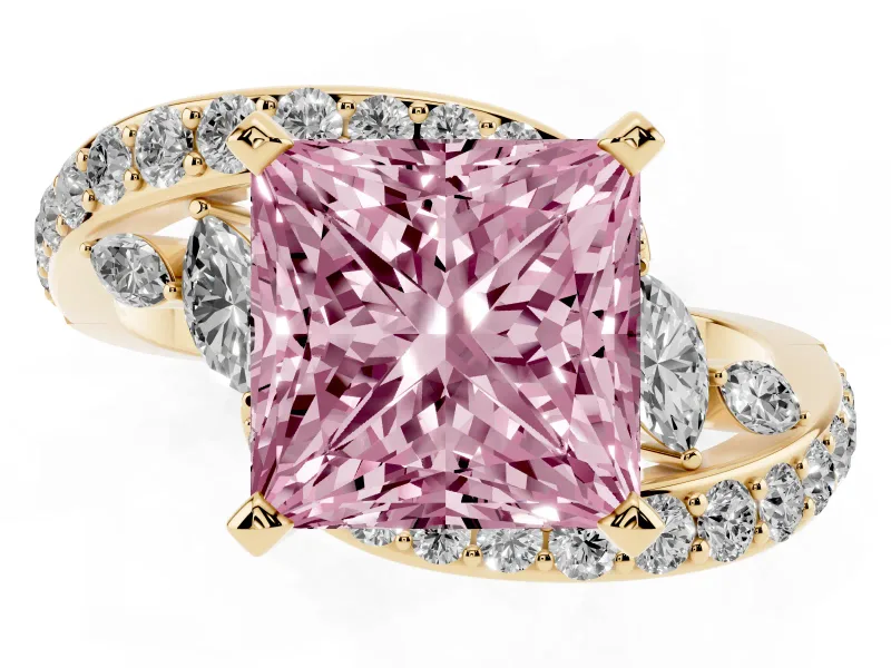 Fancy Pink Princess Cut Diamond Solitaire Ring Set in Yellow gold with Pavé Twist Band and Secure Prong Setting