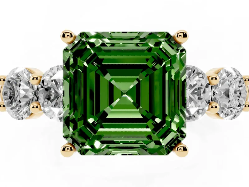 Asscher Cut Five Stone Engagement Ring Setting for a Fancy Green Lab-Grown Diamond | Prong Set Side Stones | Yellow Gold