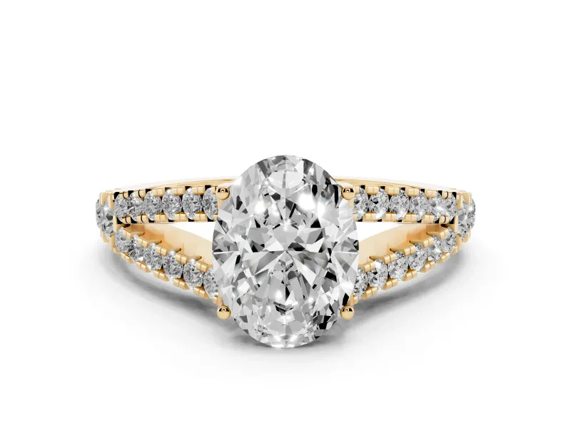 Oval Cut Diamond Split Shank Pavé Engagement Ring Set in Yellow gold with Prong-Held Center Stone