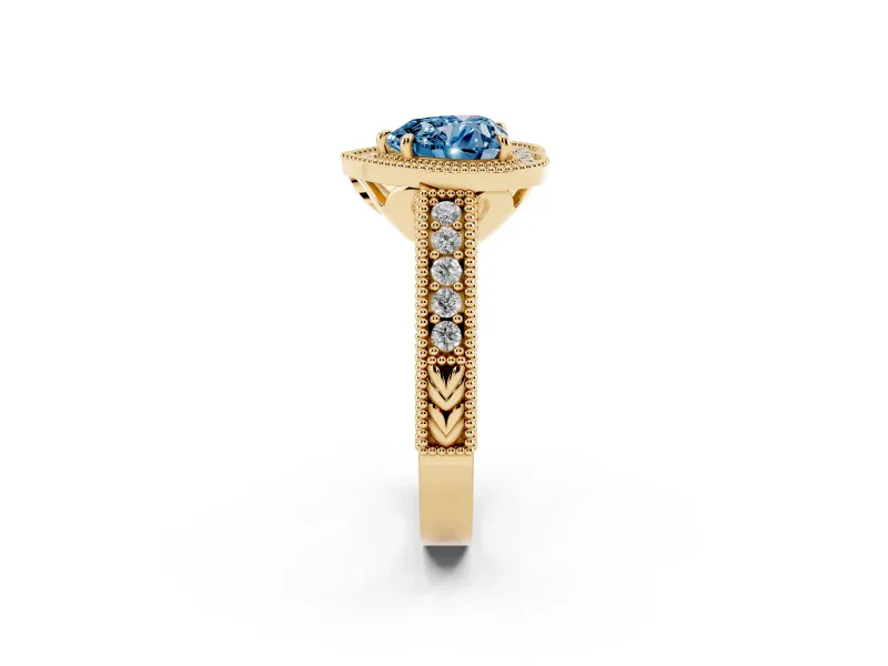 Fancy Blue Heart Cut Diamond Halo Ring Set in Yellow gold with Round Accent Halo, Pavé Band and Prong Setting