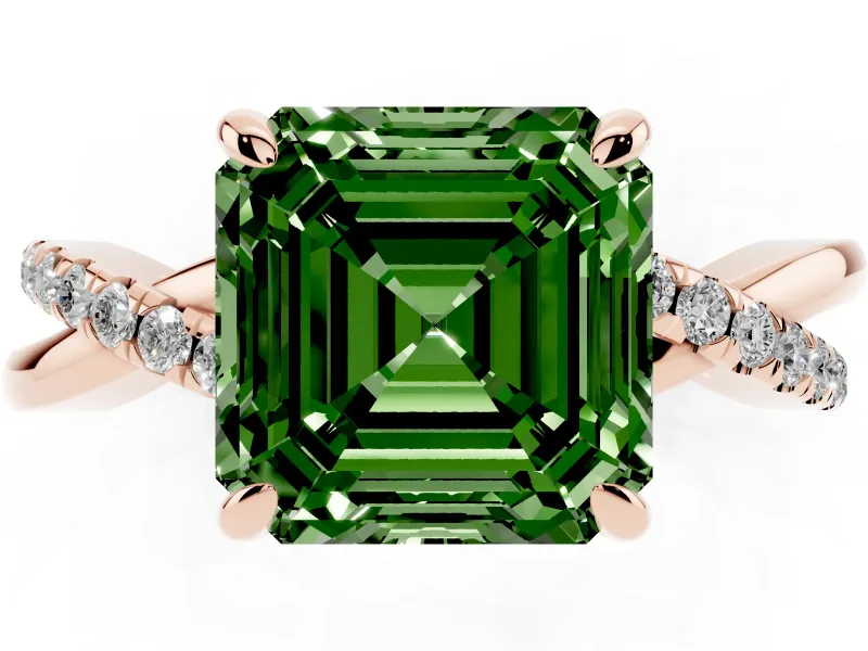 Fancy Green Asscher Cut Diamond Twist Band Solitaire Set in Rose gold with Pavé Accents and Prong Setting